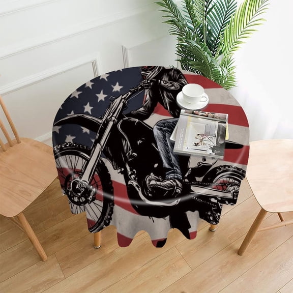 RKSupls 60 Inch Round Tablecloth, American Flag Motocross Rider Sketch Premium Polyester Straight Edge Wrinkle Resistant Washable Table Cover for Party Home Dining Decor