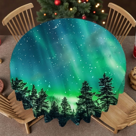 RKSupls 60 Inch Round Tablecloth - Aurora Borealis Snow Trees Night Print, Machine-Made Kitchen Accessories Stain Resistant & Washable Decor, Wedding, Party, Holiday, Home Dining