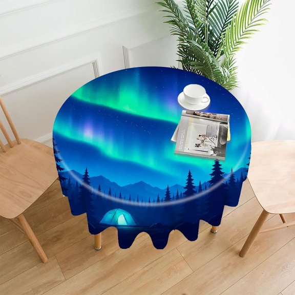 RKSupls 60 Inch Round Tablecloth, Aurora Camping Tent Night Premium Polyester Straight Edge Wrinkle Resistant Washable Table Cover for Party Home Dining Decor