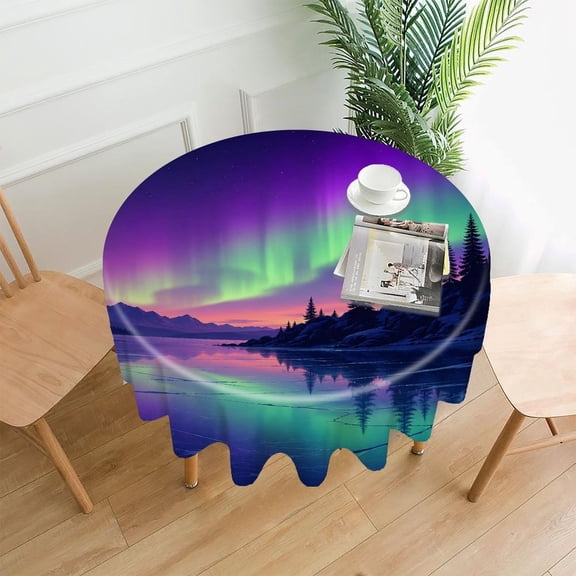 RKSupls 60 Inch Round Tablecloth, Aurora Frozen Lake Night Scene Premium Polyester Straight Edge Wrinkle Resistant Washable Table Cover for Party Home Dining Decor