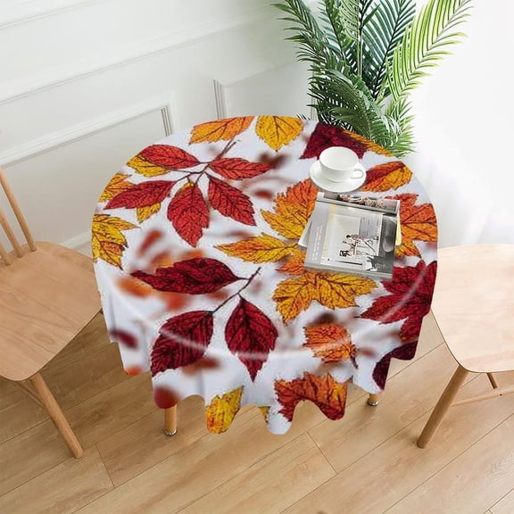 RKSupls 60 Inch Round Tablecloth, Autumn Leaves Pattern Premium Polyester Straight Edge Wrinkle Resistant Washable Table Cover for Party Home Dining Decor