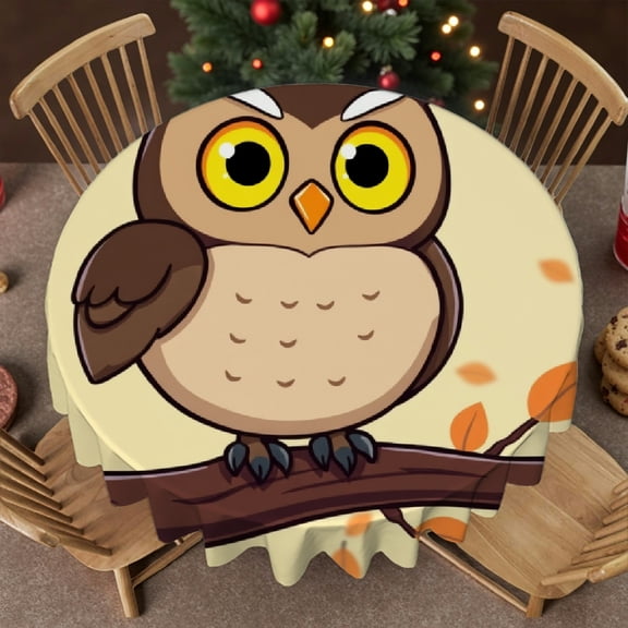 RKSupls 60 Inch Round Tablecloth, Autumn Owl Cartoon Polyester Table Cover - Soft, Stain Resistant & Washable Decor for Wedding, Party, Holiday, Home Dining