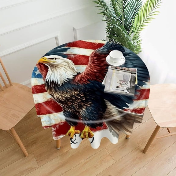 RKSupls 60 Inch Round Tablecloth, Bald Eagle Spread Wings Flag Premium Polyester Straight Edge Wrinkle Resistant Washable Table Cover for Party Home Dining Decor