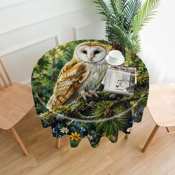 RKSupls 60 Inch Round Tablecloth, Barn Owl Perched on Mossy Branch Premium Polyester Straight Edge Wrinkle Resistant Washable Table Cover for Party Home Dining Decor