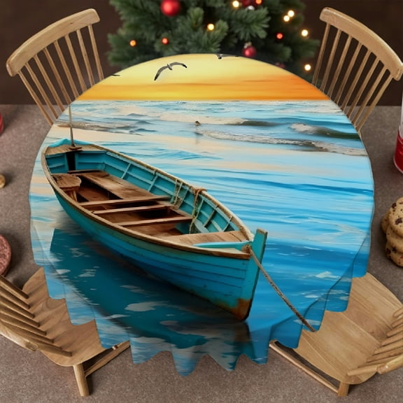 RKSupls 60 Inch Round Tablecloth - Beach Sunset Sailboat Seagulls Print, Holiday-Themed Design Machine-Made Soft, Wedding, Party, Holiday, Home Dining