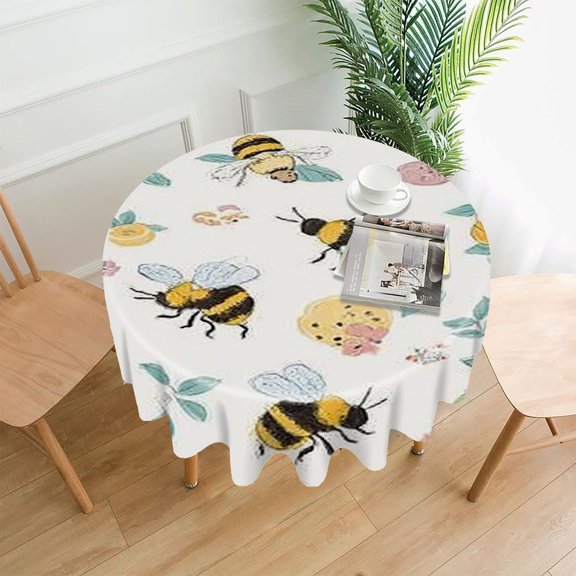 RKSupls 60 Inch Round Tablecloth, Bees Flowers Pattern Premium Polyester Straight Edge Wrinkle Resistant Washable Table Cover for Party Home Dining Decor