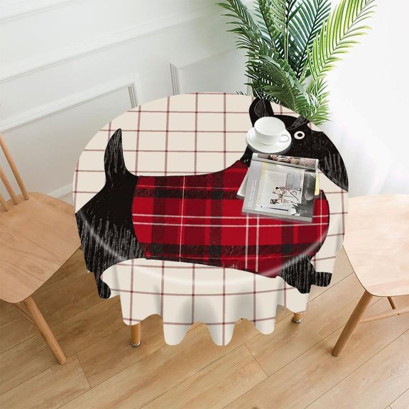 RKSupls 60 Inch Round Tablecloth, Black Scottie Dog Plaid Coat Checkered Premium Polyester Straight Edge Wrinkle Resistant Washable Table Cover for Party Home Dining Decor