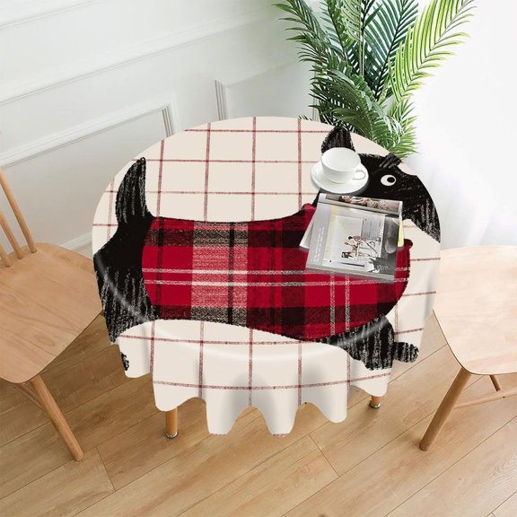 RKSupls 60 Inch Round Tablecloth, Black Scottie Dog Red Plaid Coat Checkered Premium Polyester Straight Edge Wrinkle Resistant Washable Table Cover for Party Home Dining Decor