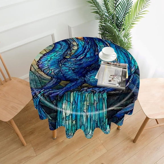 RKSupls 60 Inch Round Tablecloth, Blue Dragon Stained Glass Premium Polyester Straight Edge Wrinkle Resistant Washable Table Cover for Party Home Dining Decor