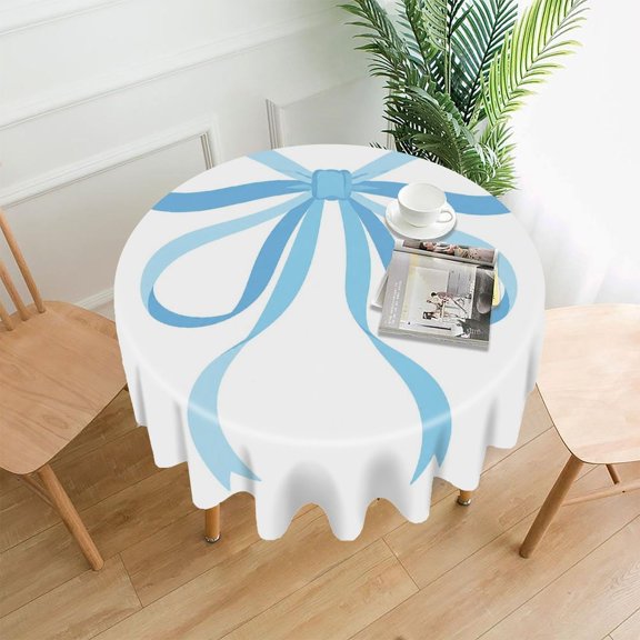 RKSupls 60 Inch Round Tablecloth, Blue Ribbon Bow Premium Polyester Straight Edge Wrinkle Resistant Washable Table Cover for Party Home Dining Decor