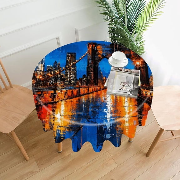 RKSupls 60 Inch Round Tablecloth, Brooklyn Bridge at Night in Blue And Orange Premium Polyester Straight Edge Wrinkle Resistant Washable Table Cover for Party Home Dining Decor