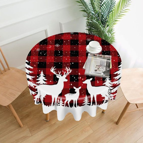 RKSupls 60 Inch Round Tablecloth, Buffalo Check Deer Family Red Black Premium Polyester Straight Edge Wrinkle Resistant Washable Table Cover for Party Home Dining Decor