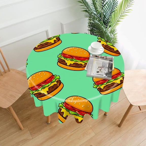RKSupls 60 Inch Round Tablecloth, Burger Mint Green Pattern Premium Polyester Straight Edge Wrinkle Resistant Washable Table Cover for Party Home Dining Decor