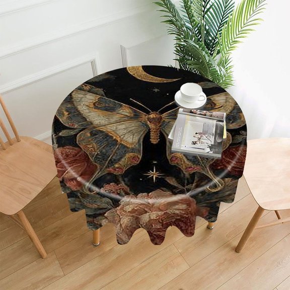 RKSupls 60 Inch Round Tablecloth, Butterfly Moon Roses Premium Polyester Straight Edge Wrinkle Resistant Washable Table Cover for Party Home Dining Decor