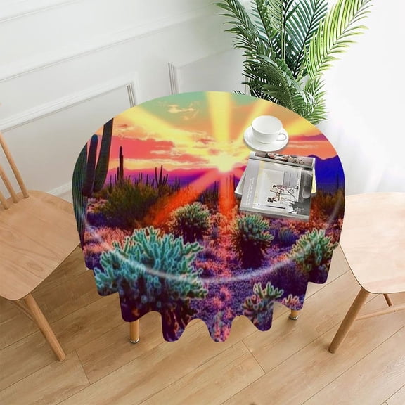 RKSupls 60 Inch Round Tablecloth, Cactus Desert Sunset Rays Premium Polyester Straight Edge Wrinkle Resistant Washable Table Cover for Party Home Dining Decor