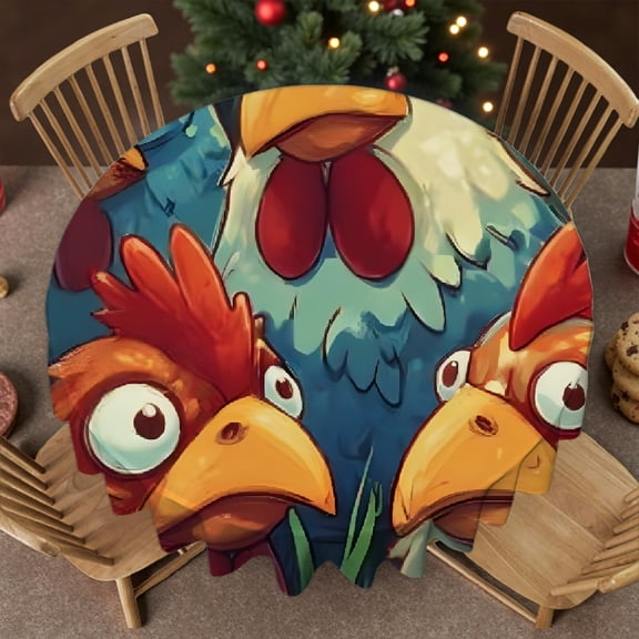 RKSupls 60 Inch Round Tablecloth, Cartoon Chicken Funny Rooster Polyester Table Cover - Soft, Stain Resistant & Washable Decor for Wedding, Party, Holiday, Home Dining