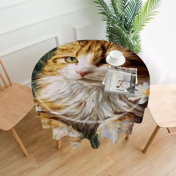 RKSupls 60 Inch Round Tablecloth, Cat Daisies Garden Premium Polyester Straight Edge Wrinkle Resistant Washable Table Cover for Party Home Dining Decor