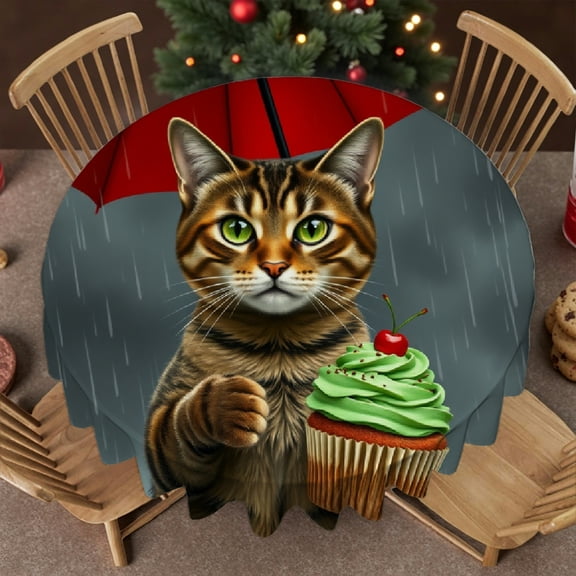 RKSupls 60 Inch Round Tablecloth, Cat Umbrella Cupcake Polyester Table Cover - Soft, Stain Resistant & Washable Decor for Wedding, Party, Holiday, Home Dining