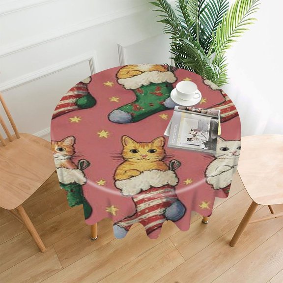 RKSupls 60 Inch Round Tablecloth, Cats Christmas Stockings Premium Polyester Straight Edge Wrinkle Resistant Washable Table Cover for Party Home Dining Decor