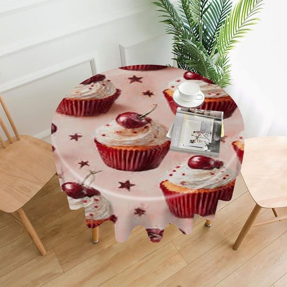 RKSupls 60 Inch Round Tablecloth, Cherry Cupcakes Pattern Premium Polyester Straight Edge Wrinkle Resistant Washable Table Cover for Party Home Dining Decor