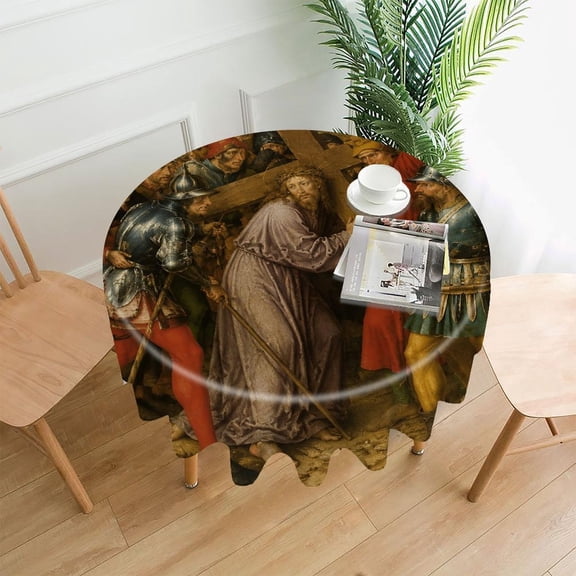 RKSupls 60 Inch Round Tablecloth, Christ Carrying Cross Crowd Scene Premium Polyester Straight Edge Wrinkle Resistant Washable Table Cover for Party Home Dining Decor