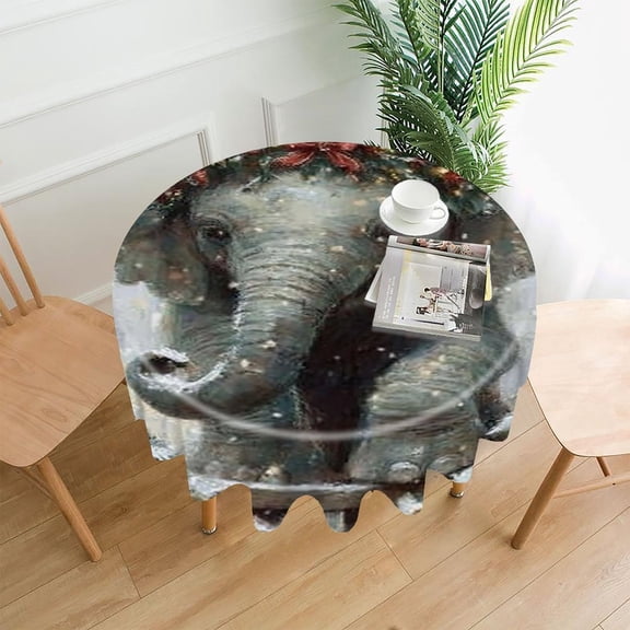 RKSupls 60 Inch Round Tablecloth, Christmas Elephant Wreath Premium Polyester Straight Edge Wrinkle Resistant Washable Table Cover for Party Home Dining Decor