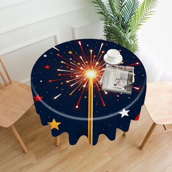 RKSupls 60 Inch Round Tablecloth, Coastal Fireworks Lighthouse Glow Premium Polyester Straight Edge Wrinkle Resistant Washable Table Cover for Party Home Dining Decor