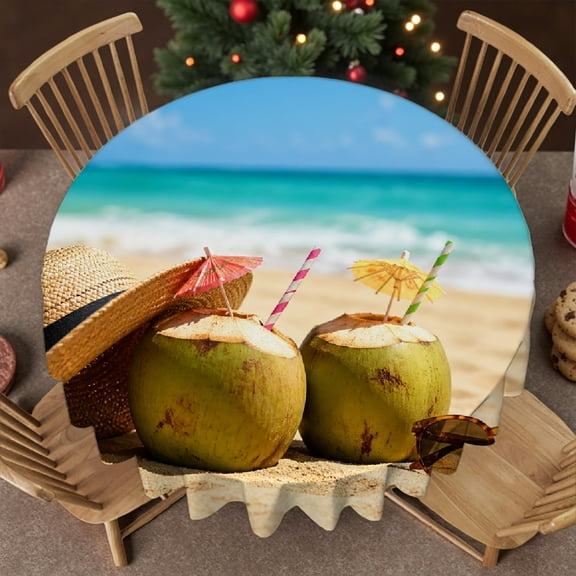 RKSupls 60 Inch Round Tablecloth - Coconut Drink Beach Print, Kitchen Accessories Holiday-Themed Design Polyester Table Cover , Wedding, Party, Holiday, Home Dining