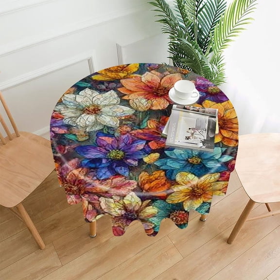RKSupls 60 Inch Round Tablecloth, Colorful Flowers Premium Polyester Straight Edge Wrinkle Resistant Washable Table Cover for Party Home Dining Decor
