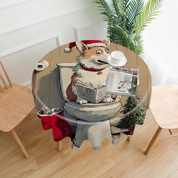 RKSupls 60 Inch Round Tablecloth, Corgi Toilet Christmas Premium Polyester Straight Edge Wrinkle Resistant Washable Table Cover for Party Home Dining Decor