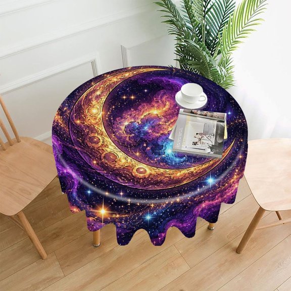 RKSupls 60 Inch Round Tablecloth, Cosmic Crescent Moon Galaxy Nebula Premium Polyester Straight Edge Wrinkle Resistant Washable Table Cover for Party Home Dining Decor