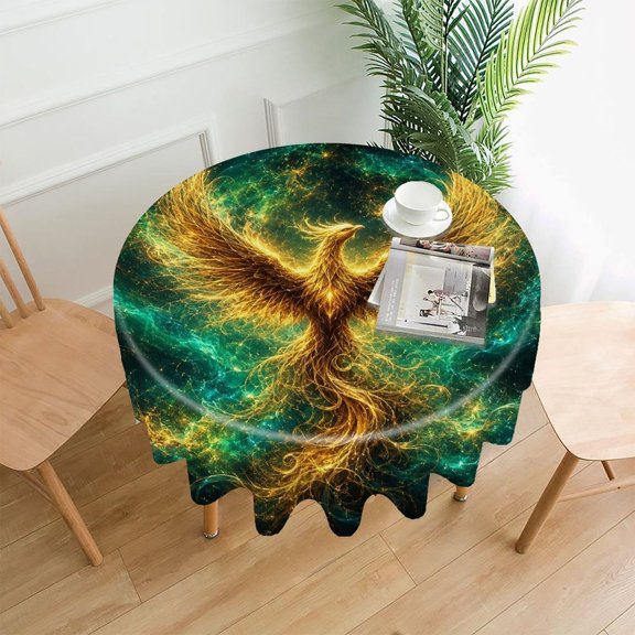 RKSupls 60 Inch Round Tablecloth, Cosmic Golden Phoenix Premium Polyester Straight Edge Wrinkle Resistant Washable Table Cover for Party Home Dining Decor