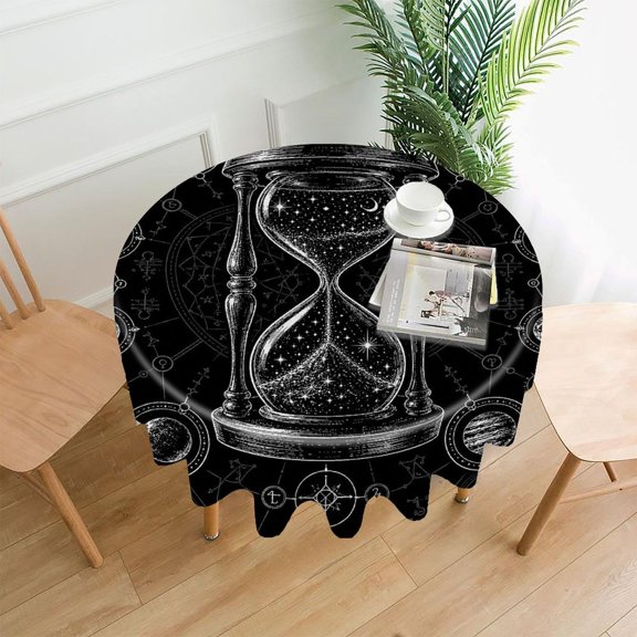 RKSupls 60 Inch Round Tablecloth, Cosmic Hourglass Planets Alchemy Premium Polyester Straight Edge Wrinkle Resistant Washable Table Cover for Party Home Dining Decor