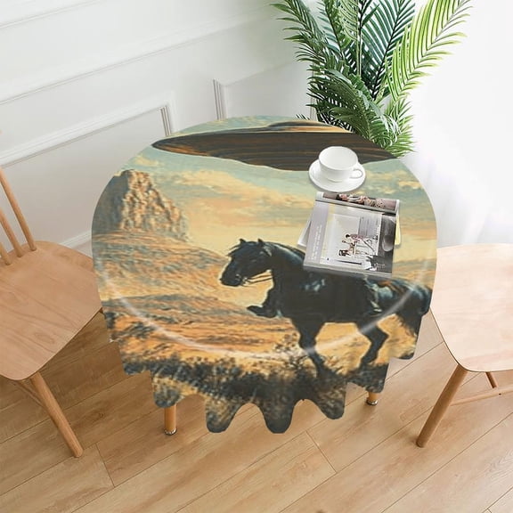 RKSupls 60 Inch Round Tablecloth, Cowboy Horse UFO Desert Premium Polyester Straight Edge Wrinkle Resistant Washable Table Cover for Party Home Dining Decor