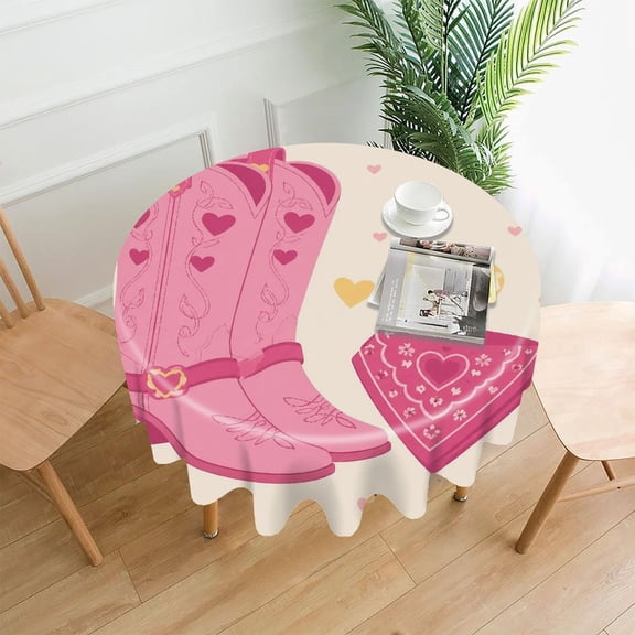 RKSupls 60 Inch Round Tablecloth, Cowgirl Boots Bandana Hearts Pink Premium Polyester Straight Edge Wrinkle Resistant Washable Table Cover for Party Home Dining Decor
