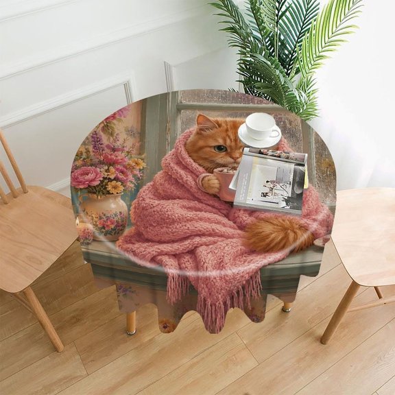 RKSupls 60 Inch Round Tablecloth, Cozy Cat Hot Cocoa Premium Polyester Straight Edge Wrinkle Resistant Washable Table Cover for Party Home Dining Decor