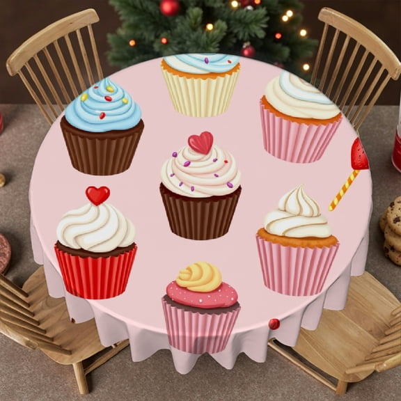 RKSupls 60 Inch Round Tablecloth, Cupcake Sweet Treat Pattern Polyester Table Cover - Soft, Stain Resistant & Washable Decor for Wedding, Party, Holiday, Home Dining