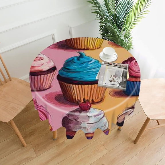 RKSupls 60 Inch Round Tablecloth, Cupcakes Colorful Art Premium Polyester Straight Edge Wrinkle Resistant Washable Table Cover for Party Home Dining Decor
