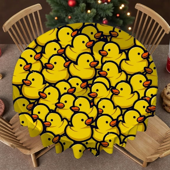 RKSupls 60 Inch Round Tablecloth, Cute Yellow Rubber Duck Polyester Table Cover - Soft, Stain Resistant & Washable Decor for Wedding, Party, Holiday, Home Dining