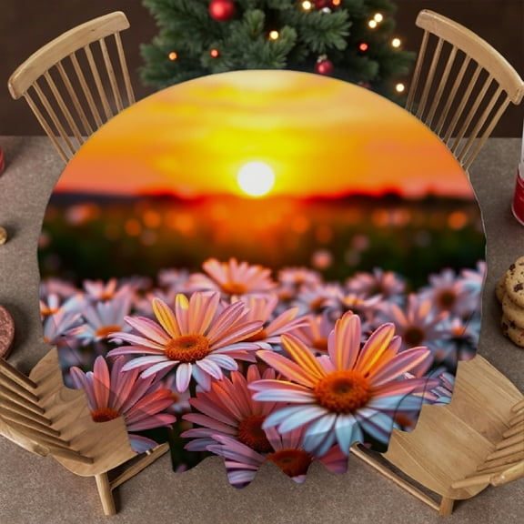 RKSupls 60 Inch Round Tablecloth, Daisy Field Sunset Floral Polyester Table Cover - Soft, Stain Resistant & Washable Decor for Wedding, Party, Holiday, Home Dining