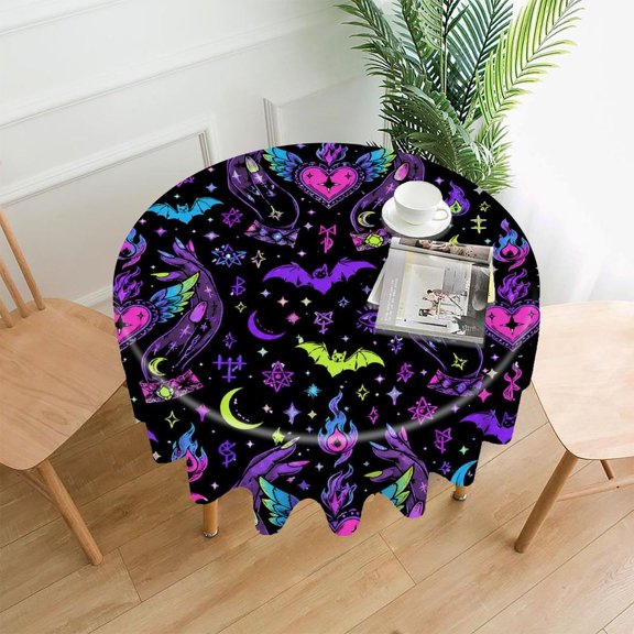 RKSupls 60 Inch Round Tablecloth, Dark Gothic Magic Pattern Premium Polyester Straight Edge Wrinkle Resistant Washable Table Cover for Party Home Dining Decor