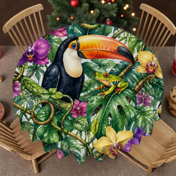 RKSupls 60-Inch Round Tablecloth for Dining Table - Toucan Jungle Flower Print, Festive Table Setting Machine-Made Soft Family Round Table Cover , Idea for Home Dining, Banquets