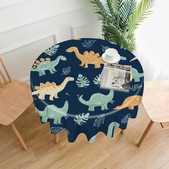 RKSupls 60 Inch Round Tablecloth, Dinosaurs Leaves Pattern Premium Polyester Straight Edge Wrinkle Resistant Washable Table Cover for Party Home Dining Decor