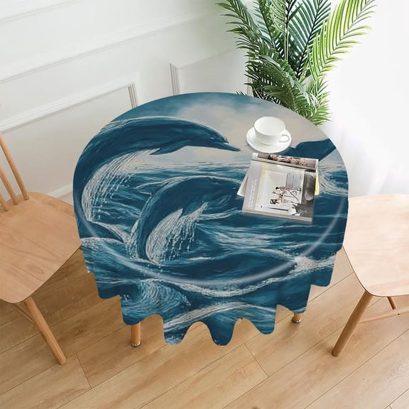 RKSupls 60 Inch Round Tablecloth, Dolphins Ocean Waves Premium Polyester Straight Edge Wrinkle Resistant Washable Table Cover for Party Home Dining Decor