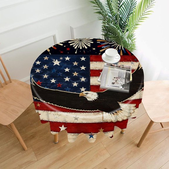 RKSupls 60 Inch Round Tablecloth, Downtown Fireworks Star Spangled Premium Polyester Straight Edge Wrinkle Resistant Washable Table Cover for Party Home Dining Decor