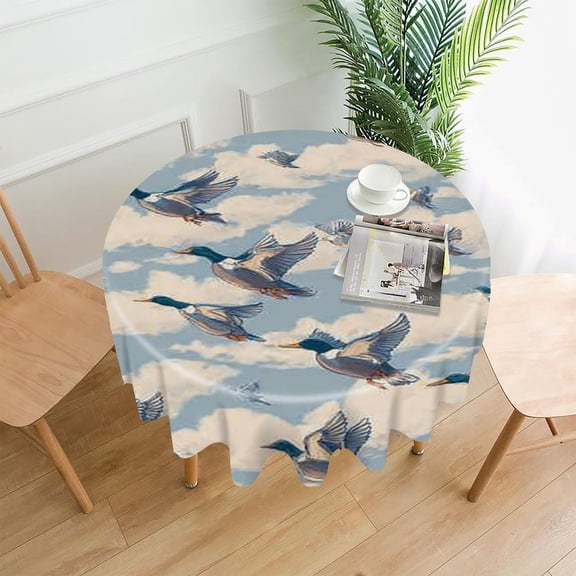 RKSupls 60 Inch Round Tablecloth, Ducks Flying Clouds Premium Polyester Straight Edge Wrinkle Resistant Washable Table Cover for Party Home Dining Decor