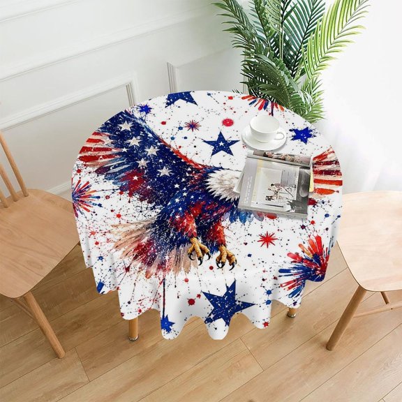RKSupls 60 Inch Round Tablecloth, Eagle Splatter Fireworks Stars White Premium Polyester Straight Edge Wrinkle Resistant Washable Table Cover for Party Home Dining Decor