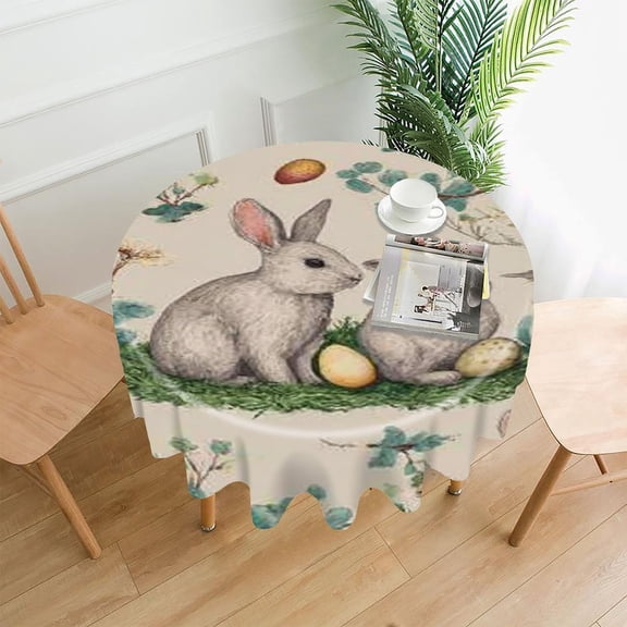 RKSupls 60 Inch Round Tablecloth, Easter Bunny Egg Premium Polyester Straight Edge Wrinkle Resistant Washable Table Cover for Party Home Dining Decor