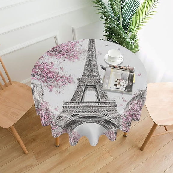 RKSupls 60 Inch Round Tablecloth, Eiffel Tower Paris Premium Polyester Straight Edge Wrinkle Resistant Washable Table Cover for Party Home Dining Decor