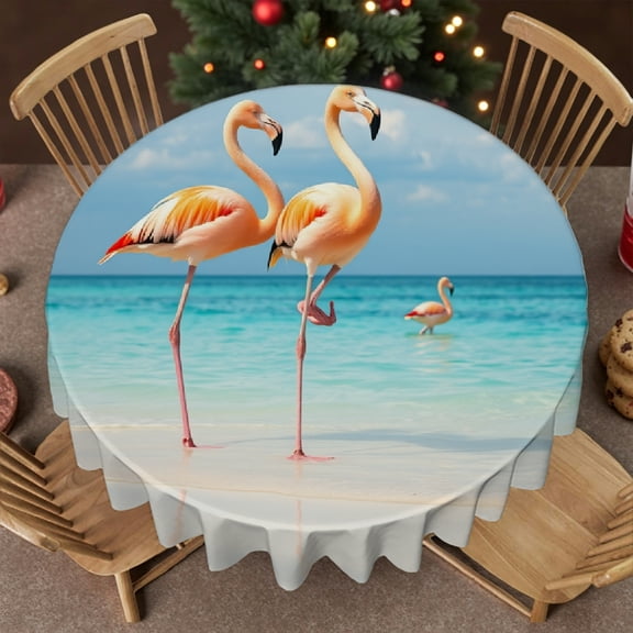 RKSupls 60 Inch Round Tablecloth, Flamingo Beach Ocean Tropical Polyester Table Cover - Soft, Stain Resistant & Washable Decor for Wedding, Party, Holiday, Home Dining